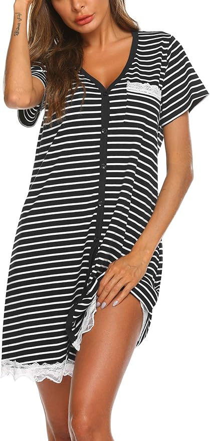 Ekouaer Women's Button Down Nightgown Pajamas Dress | Amazon (US)