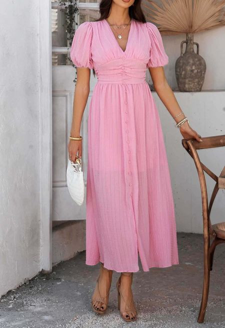 V-Neck Embossed Button Decor Dress in Light Pink | Chicwish