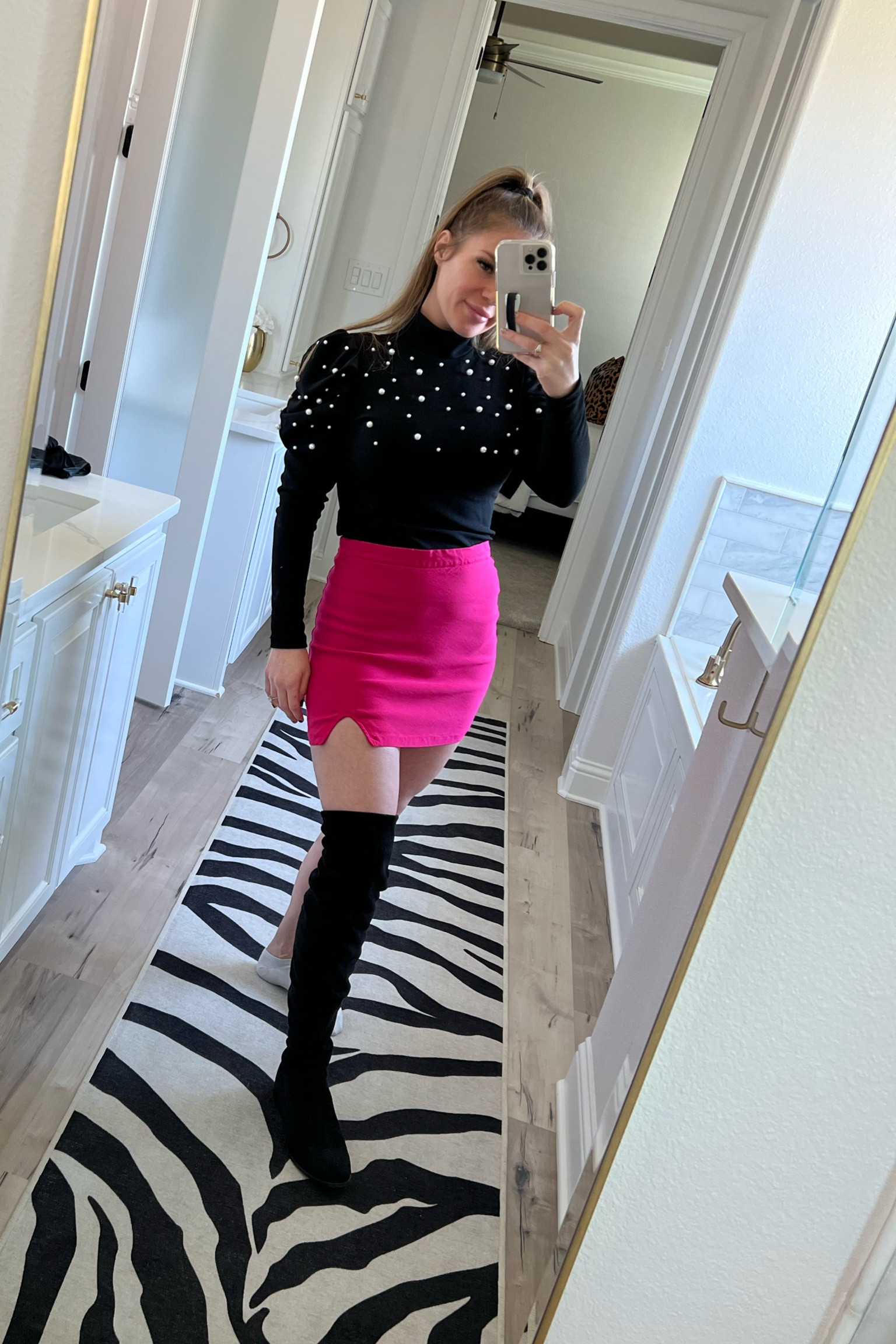 Fall outfit inspo! 

Concert outfit, going out fashion, mini skirt, pink skirt, black puffy sleeve top, pearl shirt, thigh high boots, over the knee boots. 

#LTKbeauty #LTKshoecrush #LTKunder50
