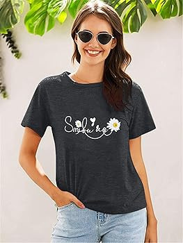 FASHGL Smile Daisy T-Shirt Women Cute Happy Face Prints Short Sleeves Funny Letter Graphic Tops | Amazon (US)
