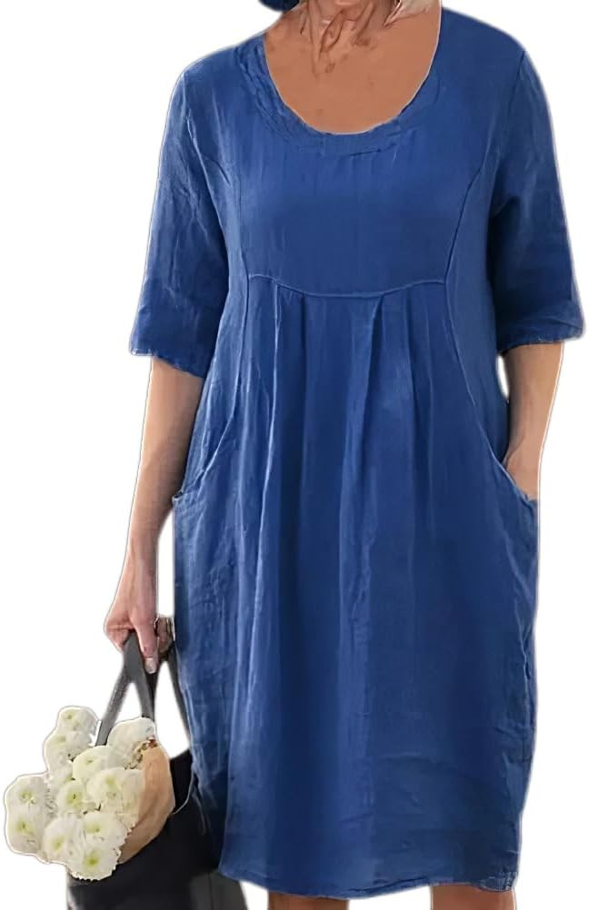 Akivide Cotton Linen Dress for Women Crewneck Short Sleeve Flowy Plus Size Summer Midi Dress with... | Amazon (US)