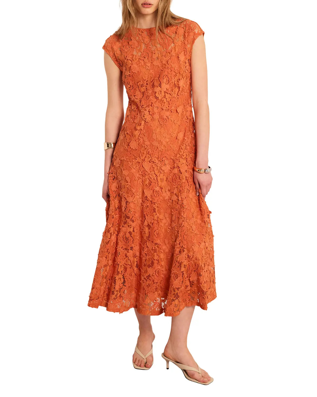 MINT VELVET Sleeveless Appliqué Lace Midi Dress in Orange at Nordstrom, Size 14 | Nordstrom