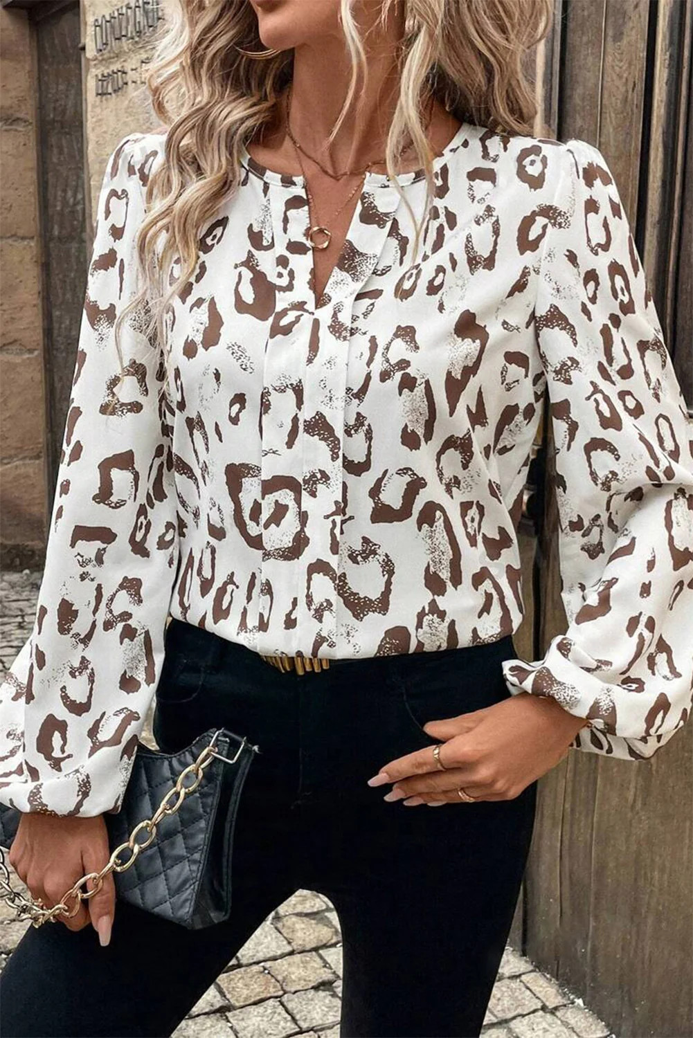 Leopard Print Split Neck Balloon Sleeve Blouse | Shop Simon