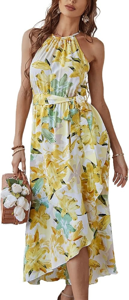 BROVAVE Women's Summer Casual Boho Polka Dot Sundress Halter Neck Flowy Midi Dresses | Amazon (US)