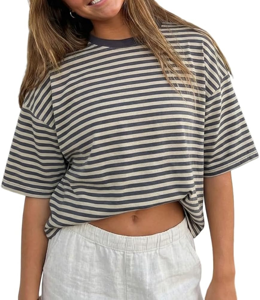 Women Oversized Striped Shirt Y2k Short Sleeve Crewneck Drop Shoulder Tops Loose Fit Fairy Grunge... | Amazon (US)