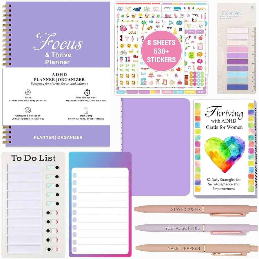 ADHD Tools Kit for Adult Women - 13-Piece Productivity & Focus Planner Set with Therapy Cards, AD... | Amazon (US)