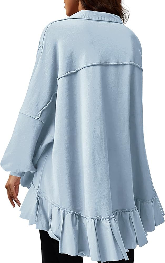 MISSACTIVER Women Oversized Button Down Sweatshirt Pleated Patchwork Stand Collar Long Sleeve Ruf... | Amazon (US)