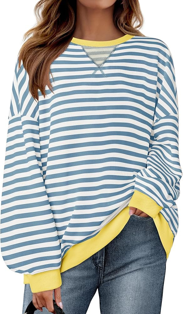 ZESICA Womens Casual Striped Pullover Tops Long Sleeve Shirts Crewneck Oversized Sweatshirts Spri... | Amazon (US)