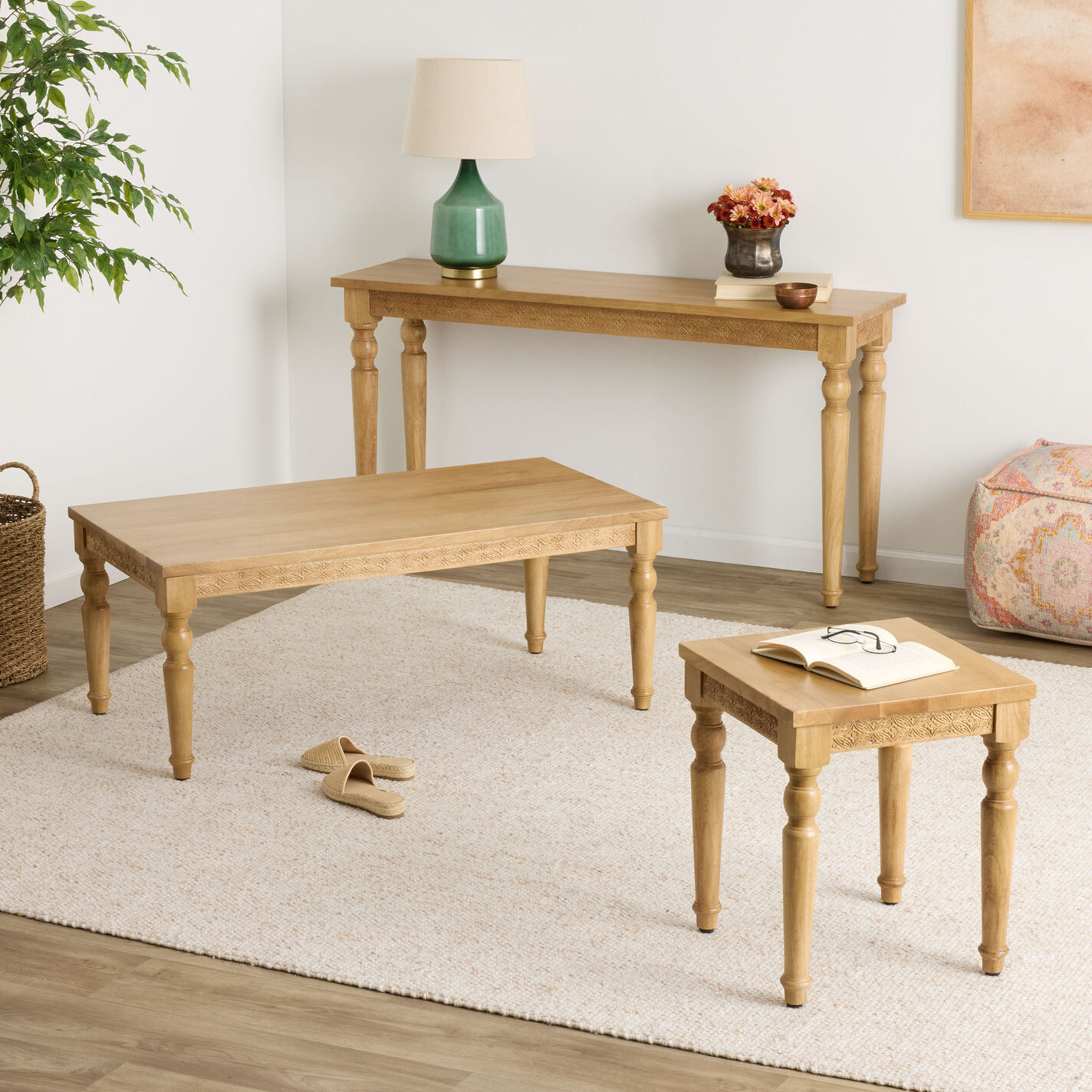 Nisha Hand Carved Weathered Wheat Medallion Console Table | World Market