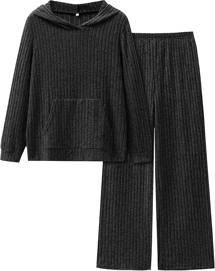 ANRABESS Women's 2 Piece Lounge Pajama Sets Ribbed Knit Long Sleeve Hoodies Tops Matching Pants C... | Amazon (US)