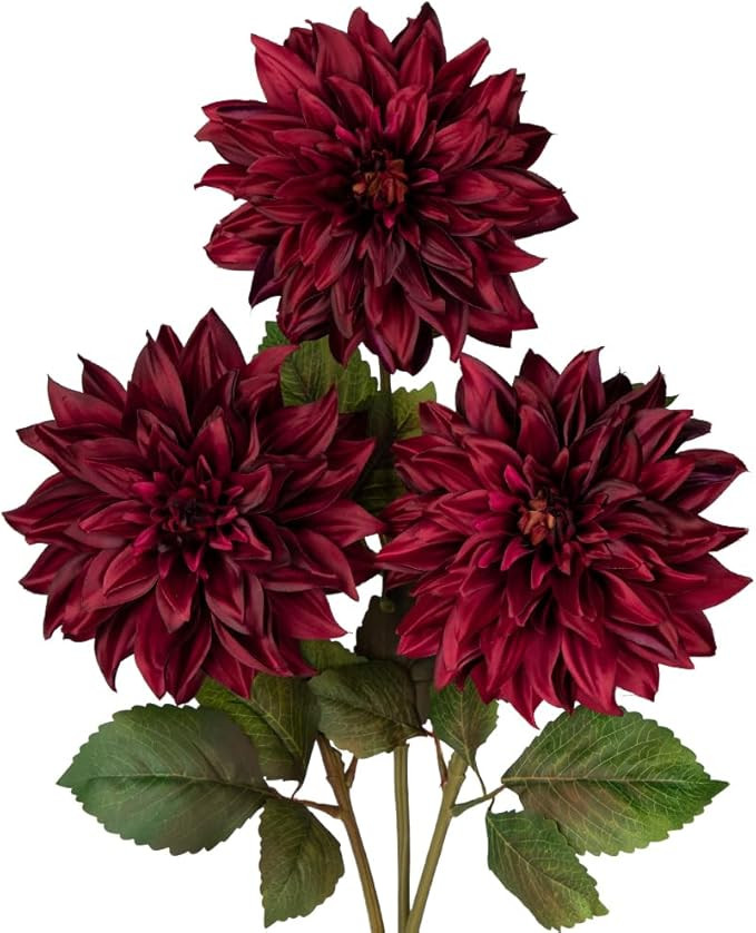 Hollyone 3Pcs Dark Red Fake Dahlia Flowers Fall Flowers Artificial for Decoration Silk Flower wit... | Amazon (US)