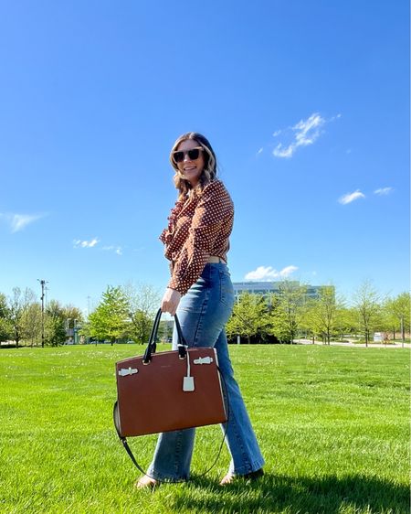 Polka dot blouse, flare leg jeans, brown platform sandals, casual outfit, spring outfit, gold jewelry, initial necklace, casual workwear 

#LTKworkwear #LTKitbag #LTKstyletip