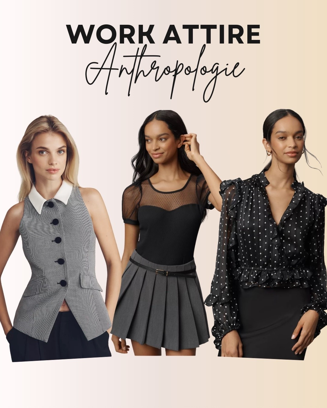 These Anthropologie workwear pieces blend professional polish with modern style. The tailored vest with oversized buttons gives a chic twist on classic suiting, the pleated mini skirt with a sheer mesh top adds a playful edge, and the ruffled polka-dot blouse offers feminine sophistication. Perfect for the office or business-casual days, these LTK-ready looks keep your work attire fresh and stylish.

#LTKSeasonal #LTKStyleTip #LTKWorkwear