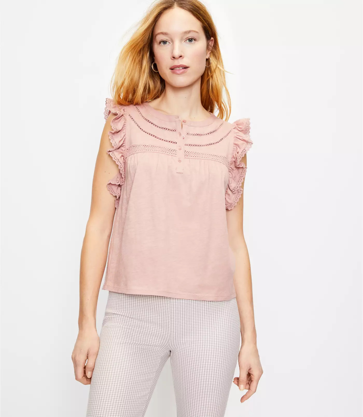 Lace Trim Ruffle Henley Top | LOFT