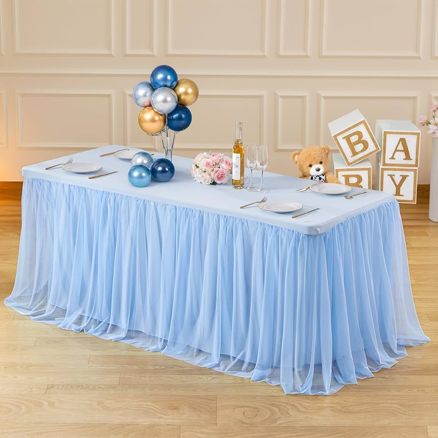 6ft Baby Blue Tulle Tablecloths for Rectangle Tables Light Blue Table Cloths Rectangle Wrinkle Fr... | Amazon (US)