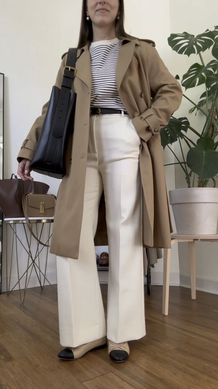 Spring outfit, trench coat, workwear, white pants, ballet flats, work bag



#LTKSeasonal #LTKstyletip