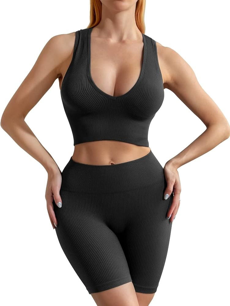 ANGOOL Workout Sets for Women 2 Piece Outfits Seamless Ribbed High Waist Leggings with Deep V-Nec... | Amazon (US)