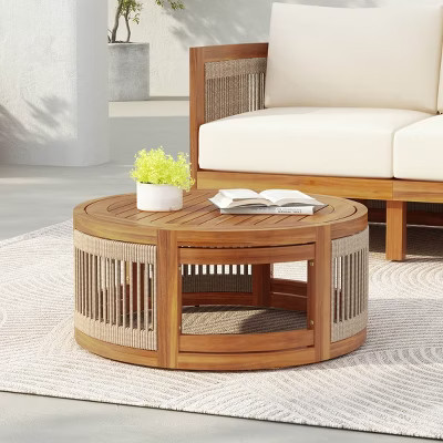 Brown Outdoor Acacia Wood Coffee Table,Boho Rope Coffee Table for Patio Poolside,Weather Resistant Coffee Table with Slatted Design-Cuddlewood | Target