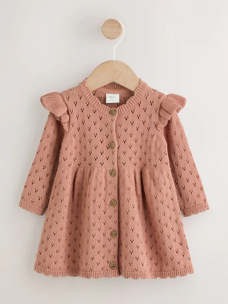 Rust Brown Pointelle Knitted Frill Shoulder Baby Dress (0mths-2yrs) | Next US