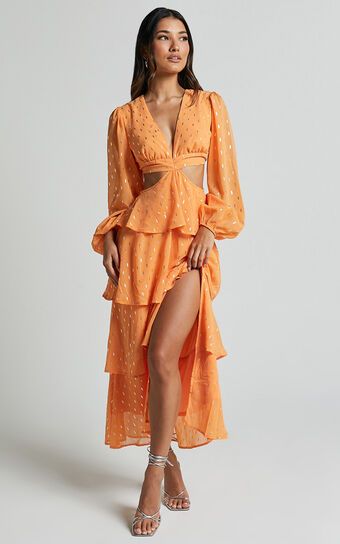 Ammie Midi Dress - Cut Out Balloon Sleeve Tierred Dress in Orange | Showpo (US, UK & Europe)