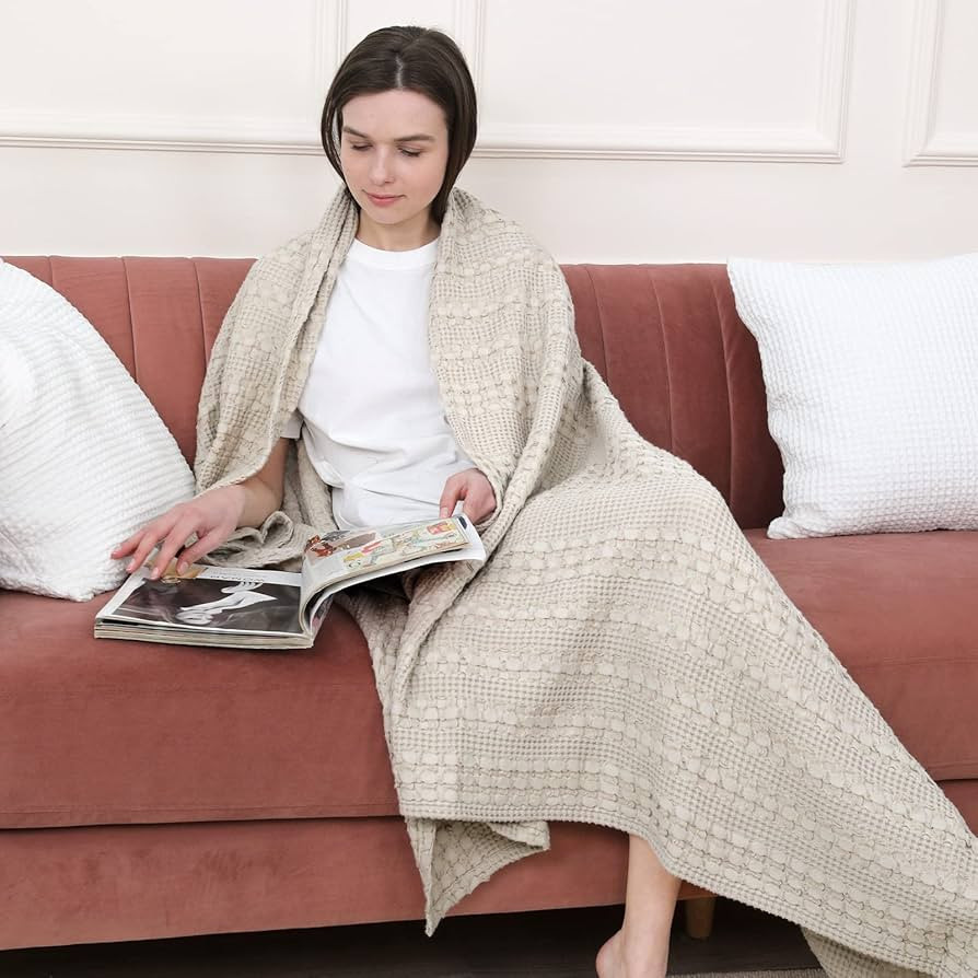 PHF 100% Cotton Waffle Weave Throw Blanket - Washed Soft Lightweight Blanket for All Season - Bre... | Amazon (US)