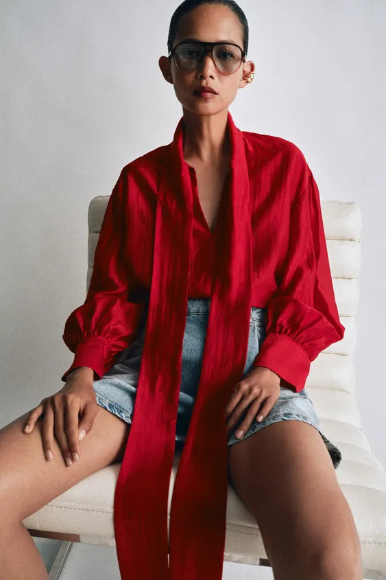 ZW COLLECTION SATIN EFFECT TIE SHIRT | Zara US