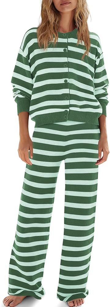 ReachMe Womens Oversized Striped 2 Piece Sets Button Up Cardigan and Wide Leg Pants with Pockets ... | Amazon (US)