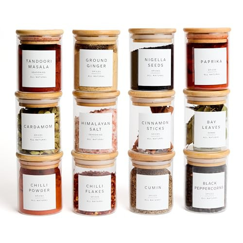 Livabl Glass Spice Jars with Labels-12 Pack- 6.8oz- 360 Labels- Spice Containers with Bamboo Lids -Spices Organization for Cabinet-Drawer-Rack-Seasoning containers-herbs- Organizer-Spices Bottles | Amazon (US)