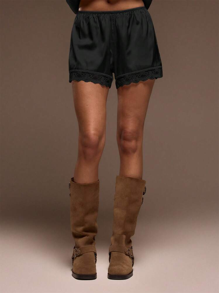MUSERA Elasticated Satin Pull On Lace Trim Shorts Cute Summer Vacation Boho Summer Cute Pants Spring Holiday Casual | SHEIN