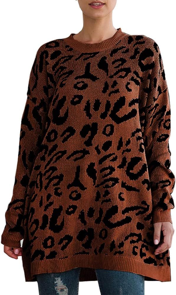 Women’s Casual Leopard Print Long Sleeve Crew Neck Oversized Pullover Knit Sweaters Tops | Amazon (US)