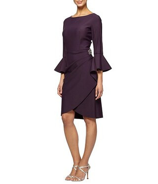 Scuba Crepe Round Neck 3/4 Bell Sleeve Embellished Brooch Cascade Ruffle Compression Sheath Dress | Dillard's