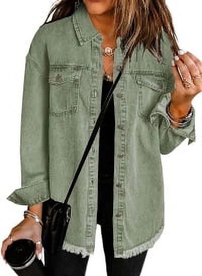 Eytino Women's Oversized Denim Jacket Casual Long Boyfriend Jean Jacket for Autumn Spring Green L... | Walmart (US)