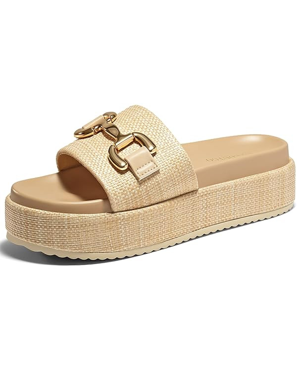 Coutgo Womens Platform Sandals Raffia Espadrilles Metal Chain Slip on Open Toe Cute Beach Slide S... | Amazon (US)