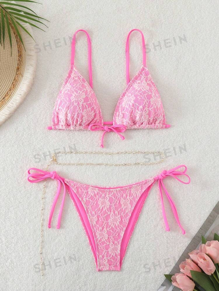 SHEIN Swim Women's Summer Beach Floral Lace Sexy Bikini Set, Printed, Random Color | SHEIN USA | SHEIN