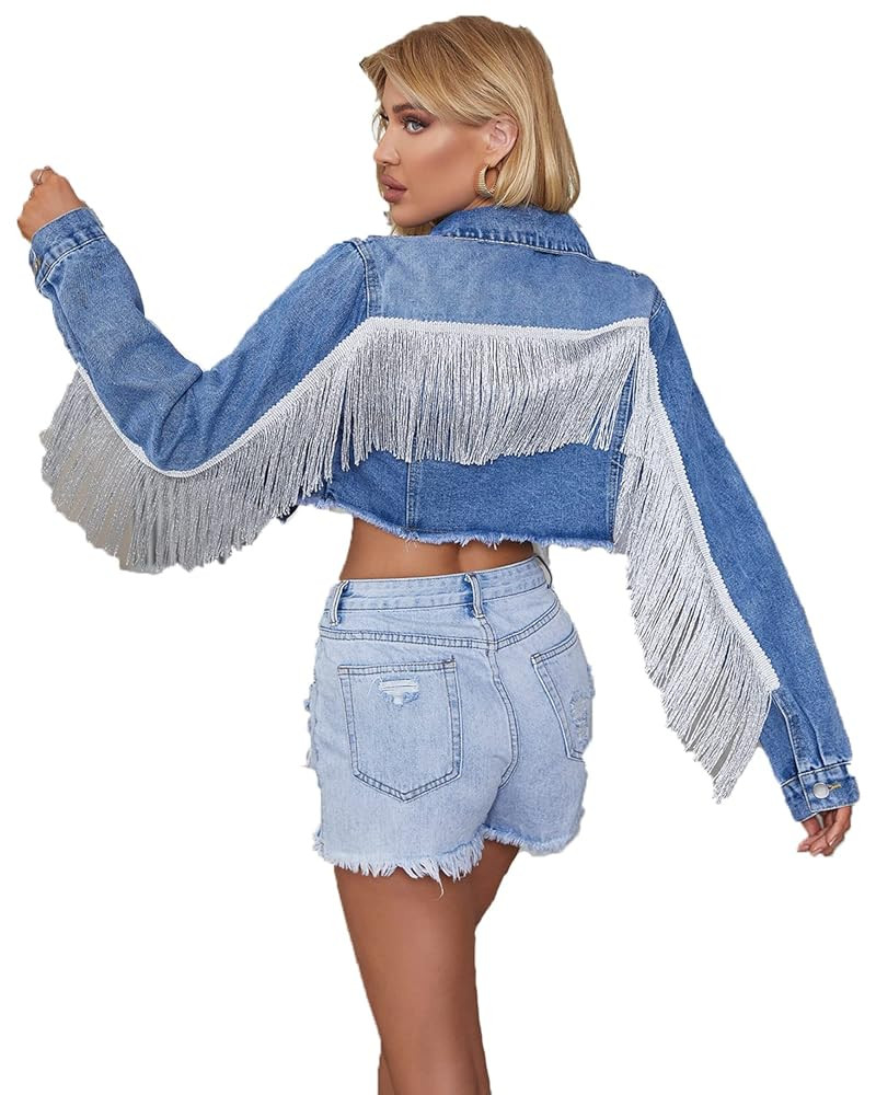 Women’s Crop Denim Jacket Tassel Casual Jean Coat With Fringe | Amazon (US)