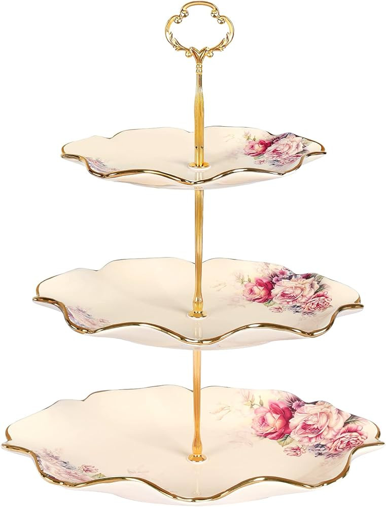 fanquare 3-Tier Floral Royal Cupcake Stand, Vintage Fruit Plate with Gold Trim, Dessert Stand for... | Amazon (US)