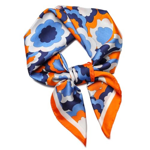 27.5" Silk Scarf of Women's Fashion Head Scarf Square Neck Satin Scarfs for Bag Hair Scarves Gift (Orange/Blue) | Amazon (US)