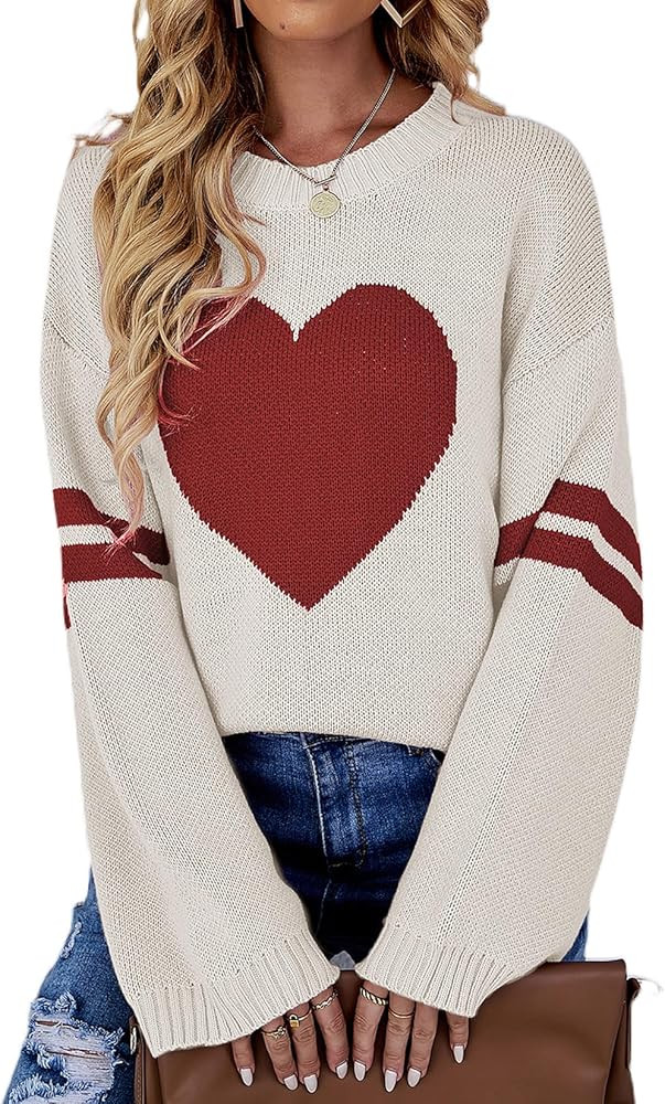 Women's Heart Sweater Crewneck Long Bigger Sleeves Sweatshirts Ladies Valentine Pullover Sweater | Amazon (US)