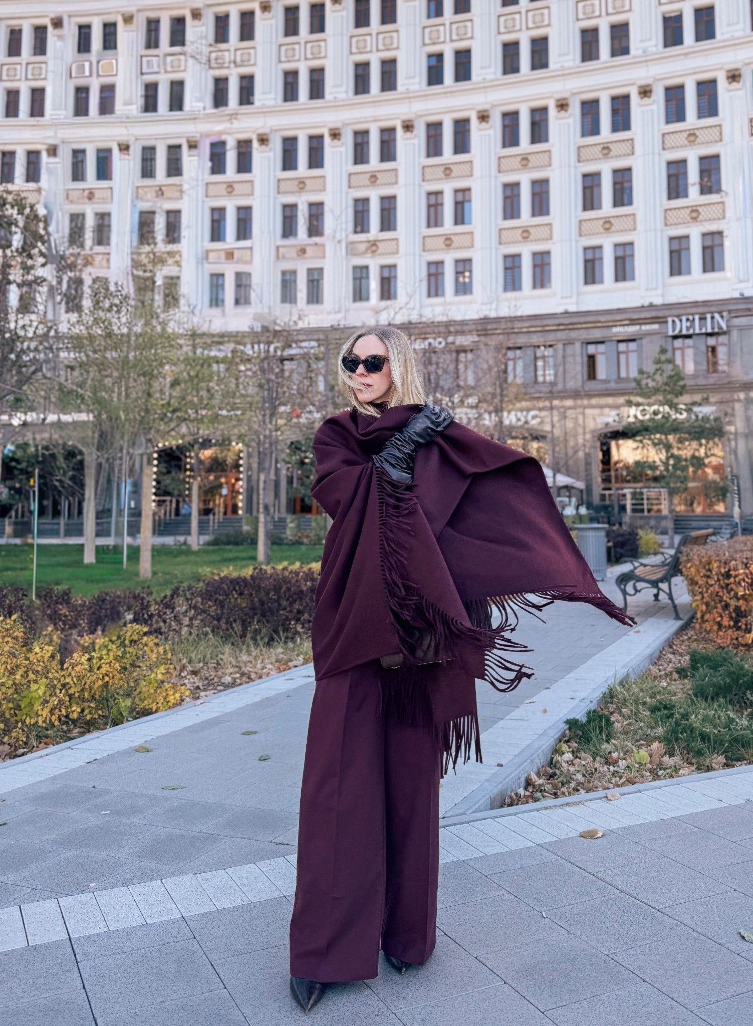 Burgundy wool cape, burgundy monochrome outfit, Bordeaux cape, long brown leather gloves, holiday style 

#LTKFindsUnder50 #LTKHoliday #LTKOver40