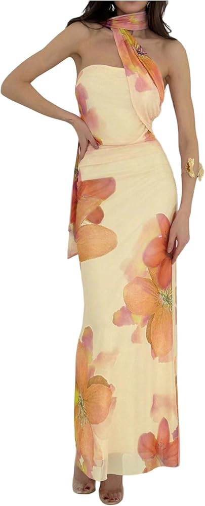 Milumia Women's Halter Floral Bodycon Dress Summer Vacation Sleeveless Party Cocktail Maxi Dresse... | Amazon (US)