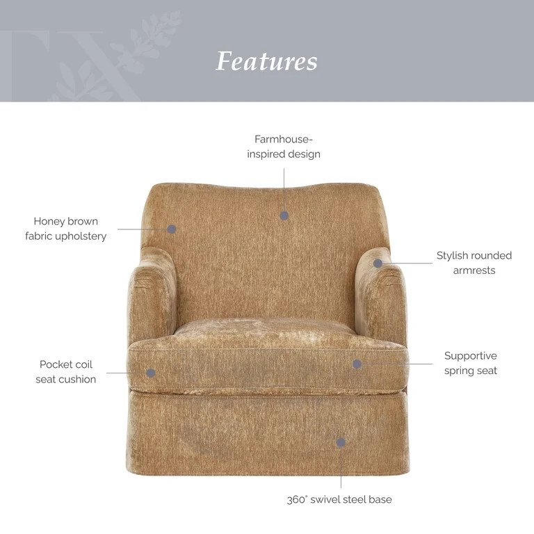 My Texas House Lauren Swivel Accent Chair with Honey Brown Fabric Upholstery | Walmart (US)