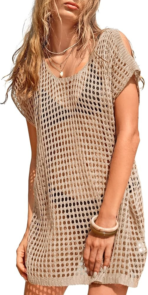 Verdusa Women's Hollow Out Crochet Swimsuit Short Dress Sheer Beach Cover Up | Amazon (US)