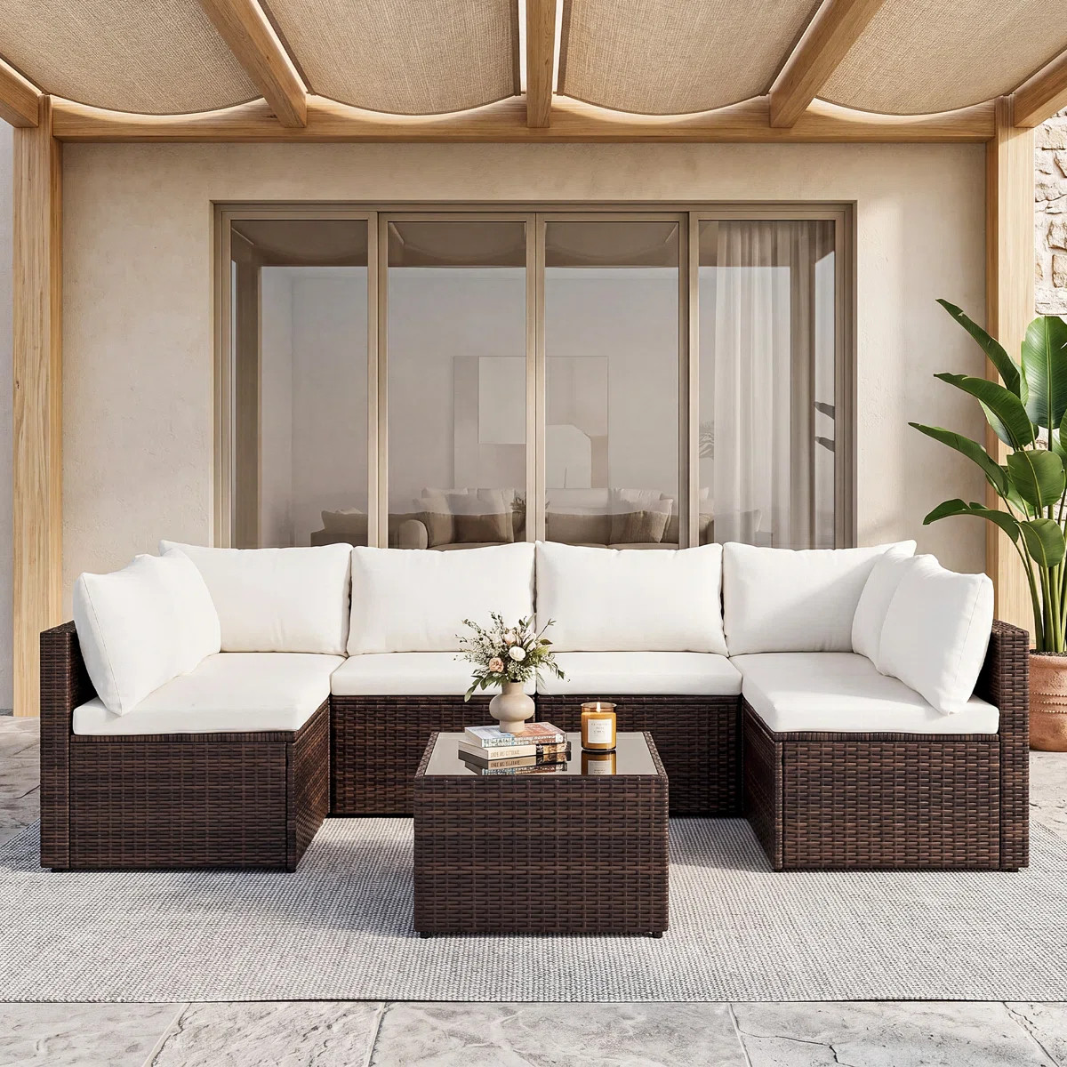 7-piece Modular Patio Conversation Sets with Cushions and Tempered Glass Table | Wayfair North America