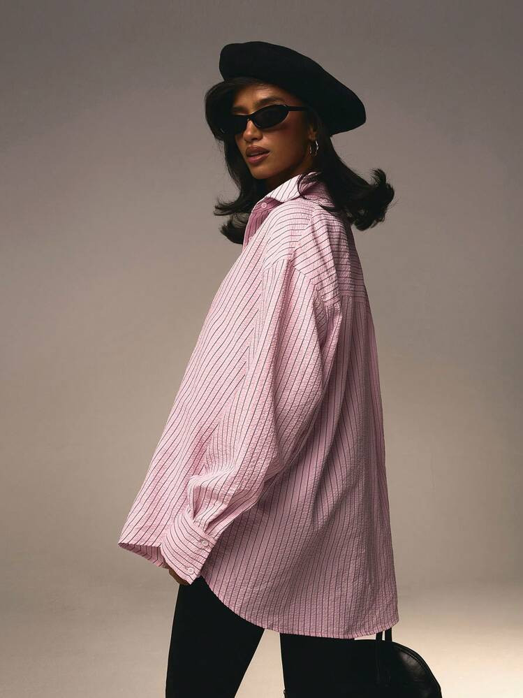 Athîral Women's Front Button Collar Long Sleeve Pink Striped Oversize Shirt,Teacher Shirts,Fall Women Clothes | SHEIN