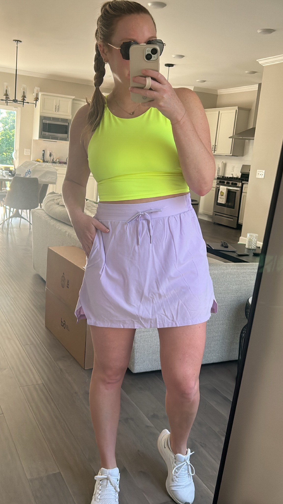 Activewear tank
Sport skort 
White running shoes 
Sunglasses 

#LTKfit #LTKshoecrush #LTKunder50