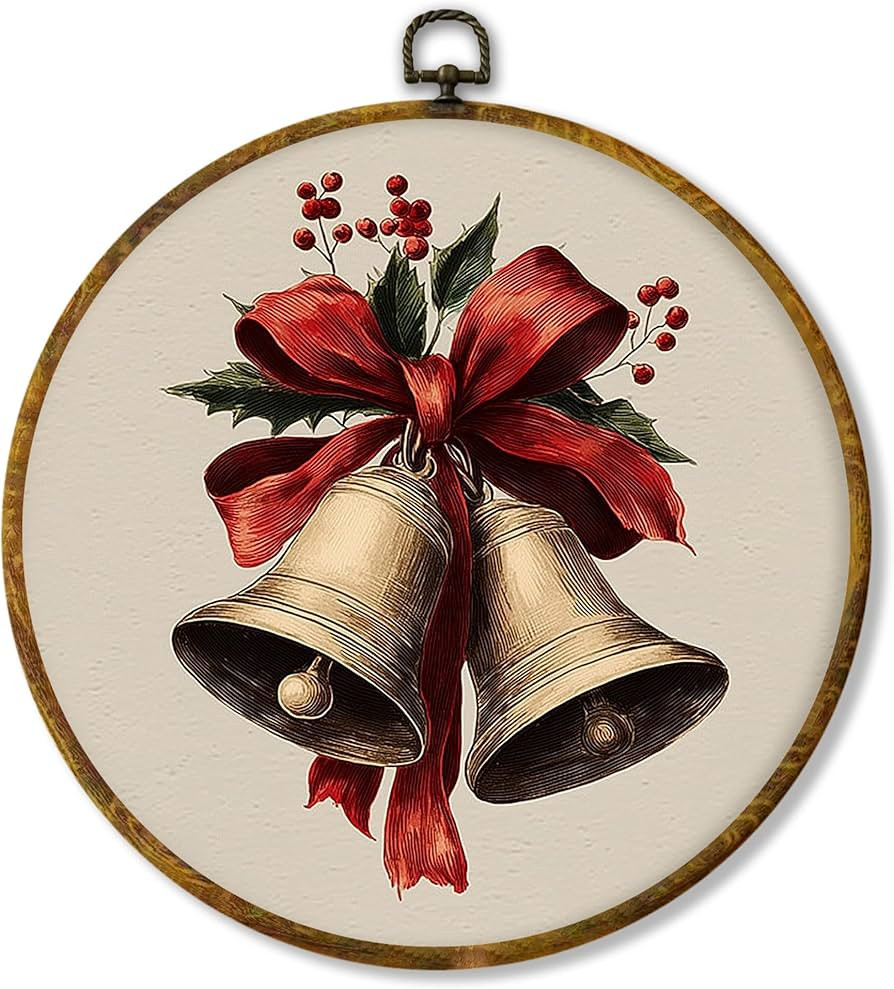 Hiuwevt Vintage Christmas Bell Round Wall Art Decor, Coquette Ribbon Bow Bell Framed Canvas Print... | Amazon (US)