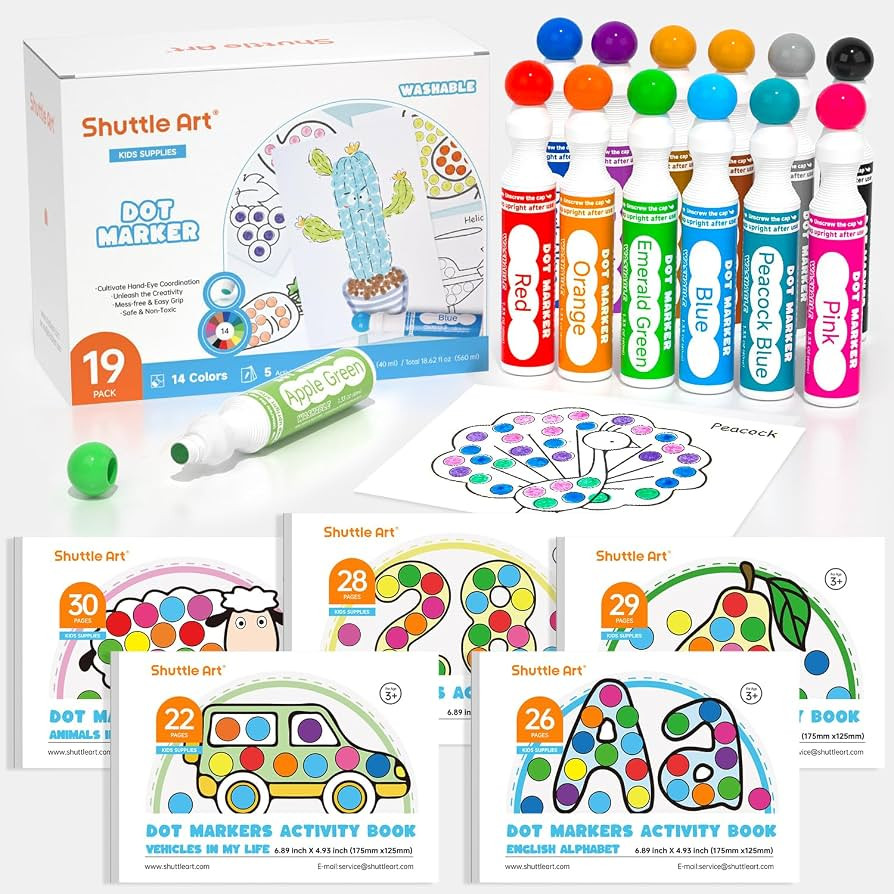 Shuttle Art Dot Markers, 14 Colors Bingo Daubers with 135 Patterns, 5 Activity Books, Educational... | Amazon (US)