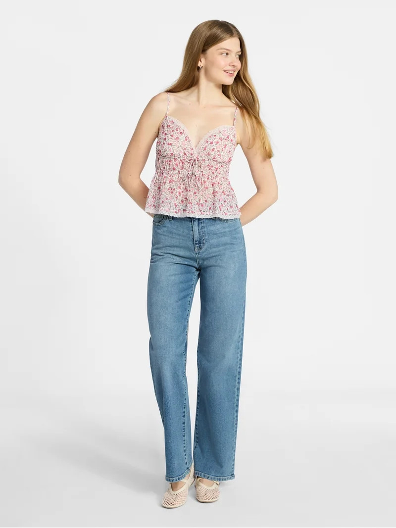 No Boundaries Tie Front Tank Top with Lace Trim, Women's XXS-XXXL | Walmart (US)