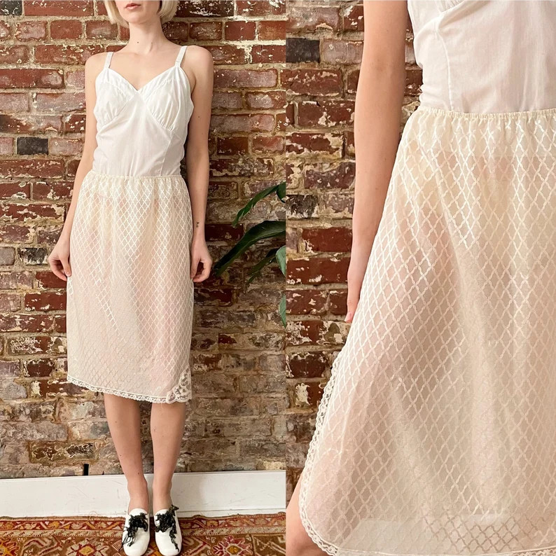 Vintage 1970s Cream/biege Mesh Slip Skirt - 70s Light Beige Diamond Printed Mesh Slip Skirt With ... | Etsy (US)