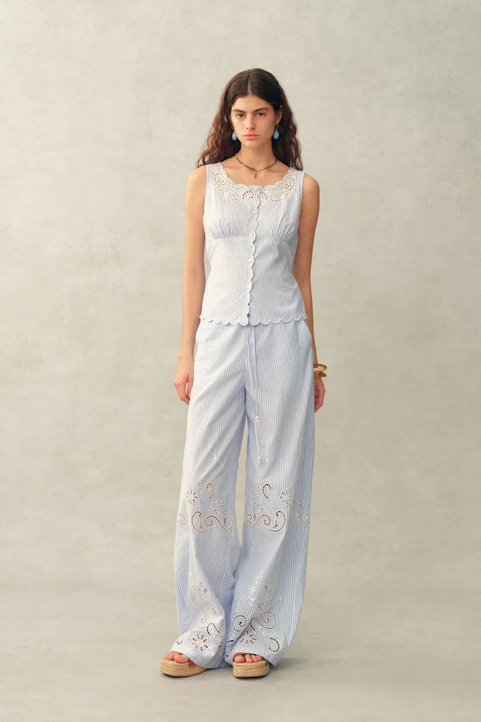 Lone Striped Embroidered Sleeveless Lace Trim Cami Top in Crinkled Cotton | Fabrique